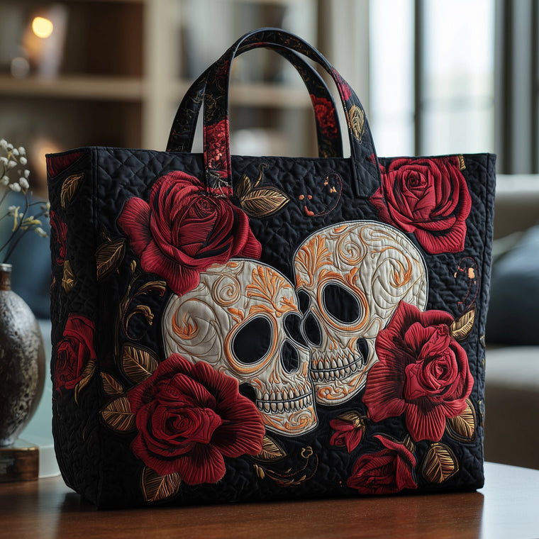 Skulls Red Roses Quilted Tote
