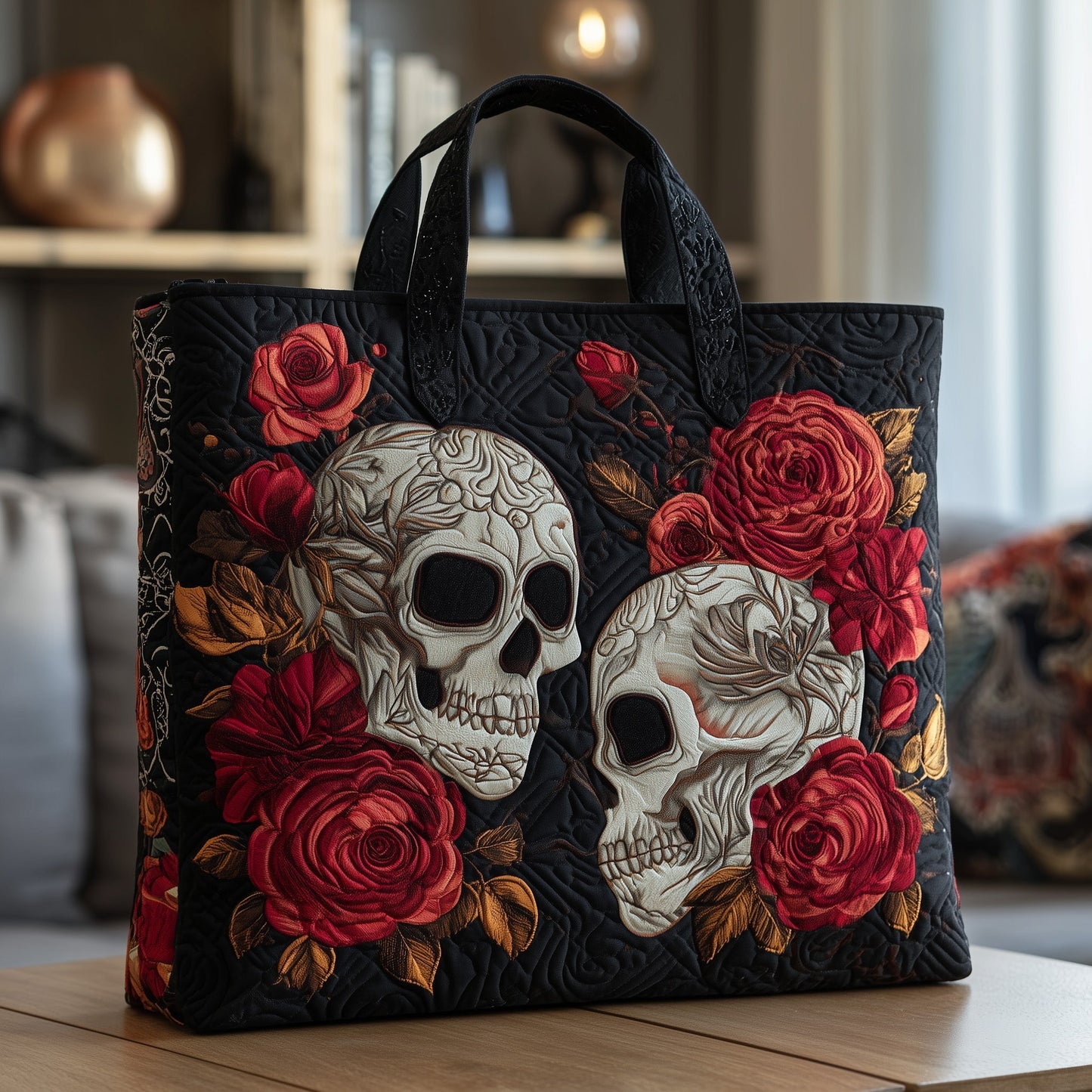Everyday Skulls Roses Quilted Tote