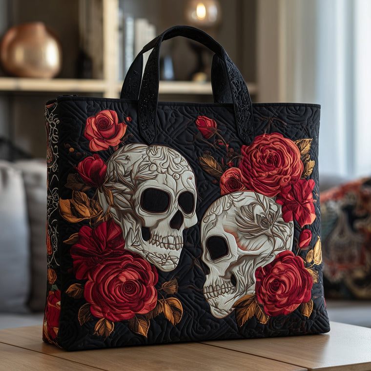 Everyday Skulls Roses Quilted Tote