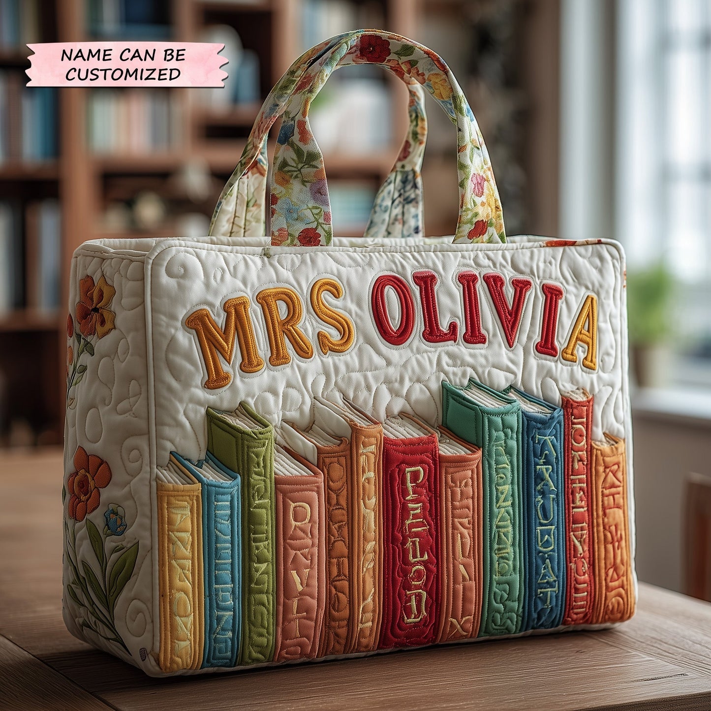 Colorful Books Embroidery Quilted Tote
