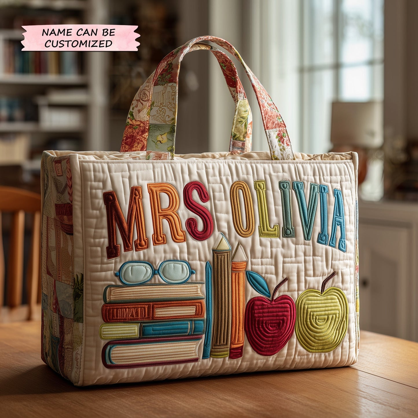 Books Apples Embroidery Quilted Tote