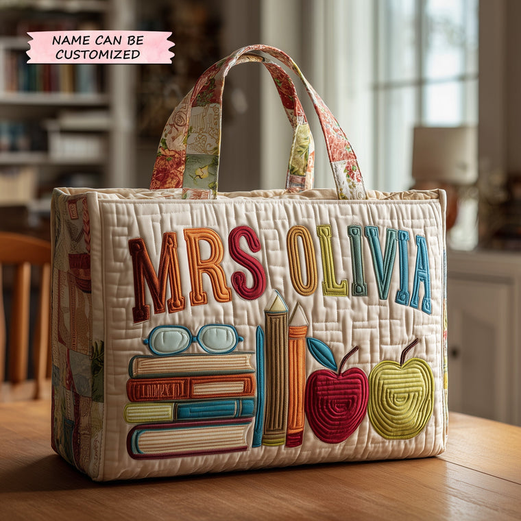 Books Apples Embroidery Quilted Tote