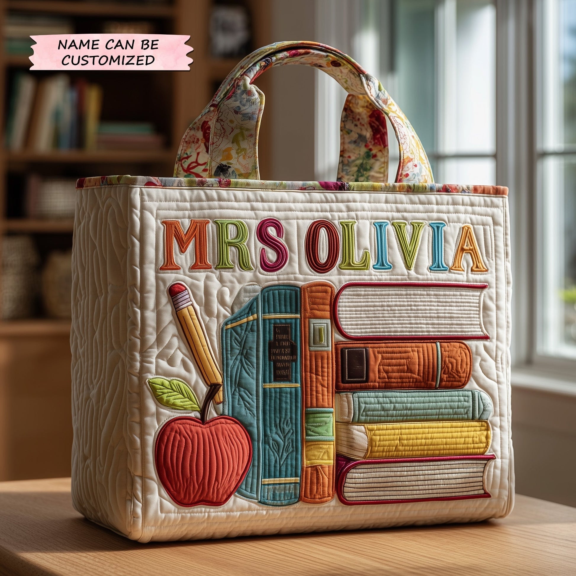 Stacked Books Apple Quilted Tote