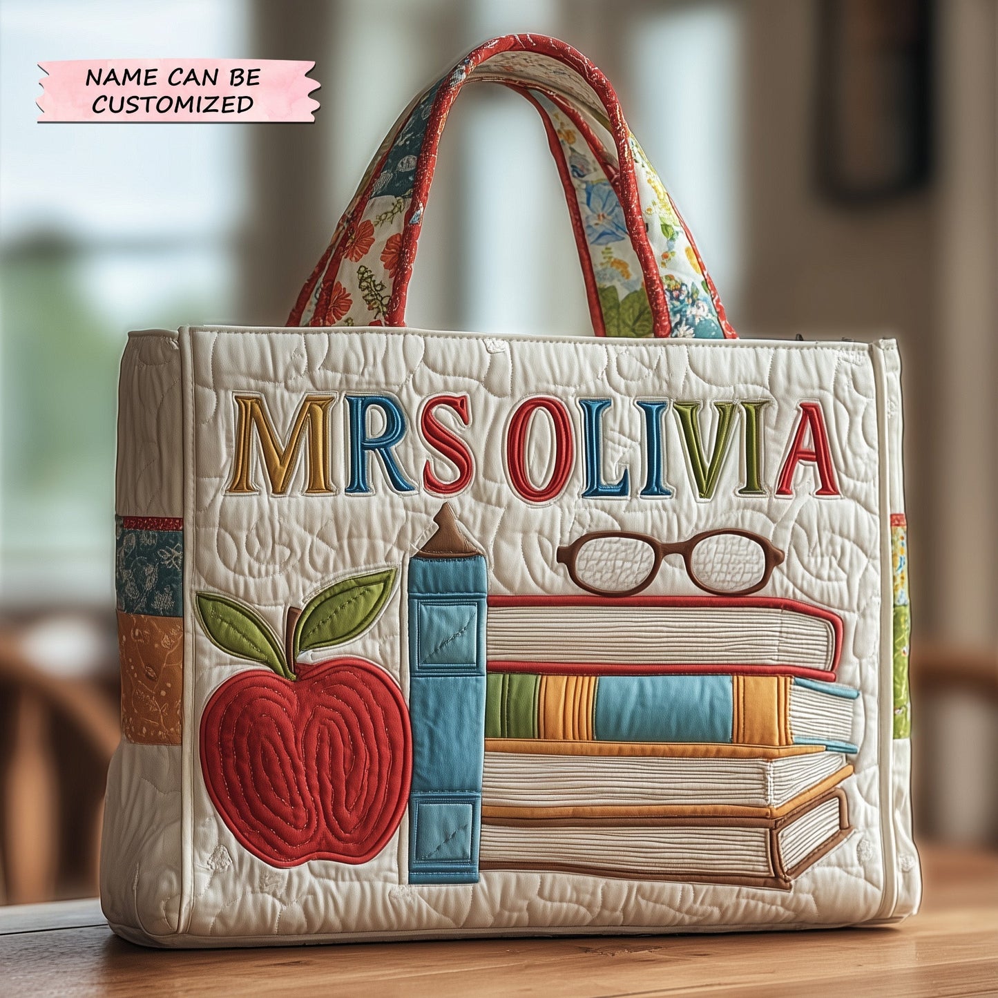 Books Apple Glasses Quilted Tote
