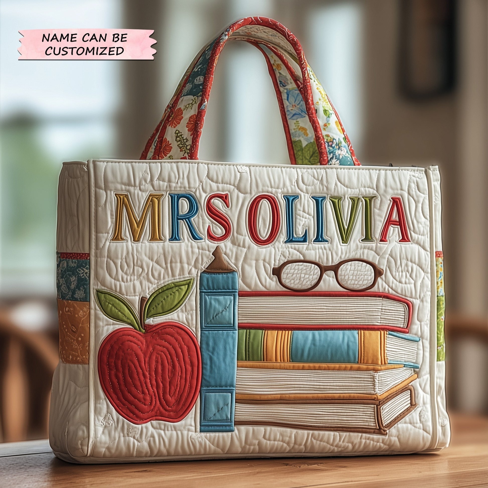 Books Apple Glasses Quilted Tote