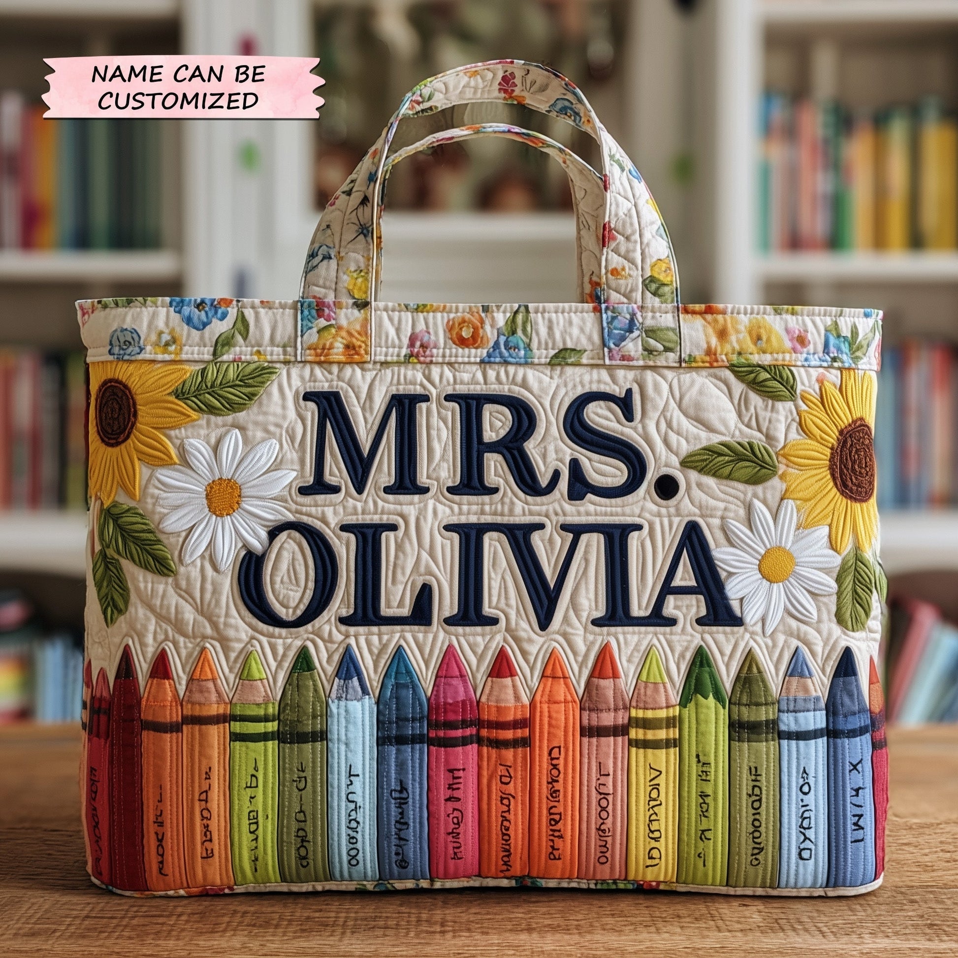 Sunflowers Daisies Colored Pencils Quilted Tote