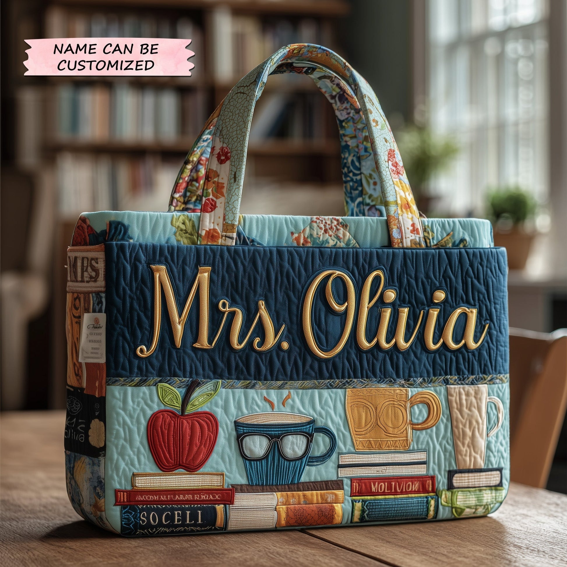 Books Apple Coffee Glasses Quilted Tote