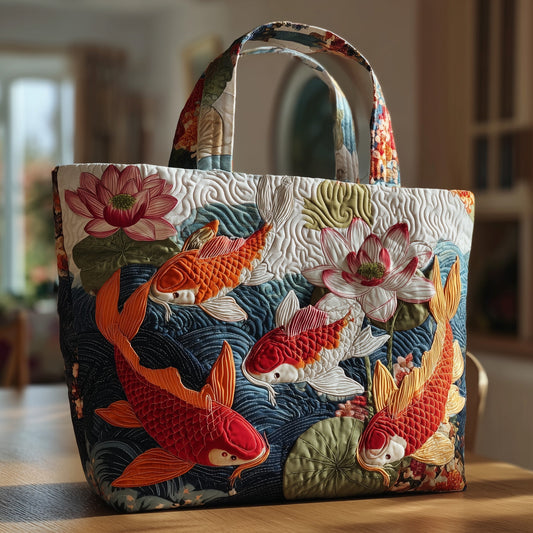 Koi Fish Lotus Flowers Quilted Tote