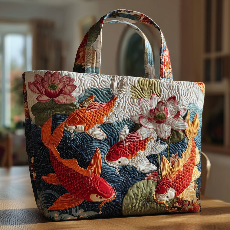 Koi Fish Lotus Flowers Quilted Tote
