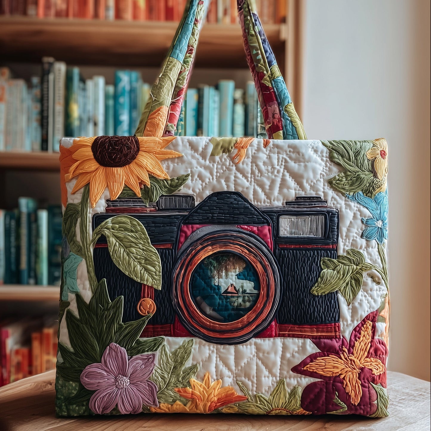 Camera Floral Accents Quilted Tote