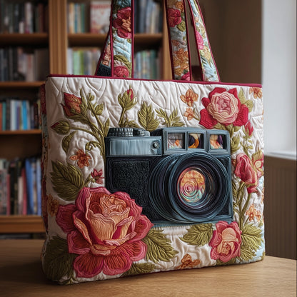 Vintage Camera Roses Quilted Tote