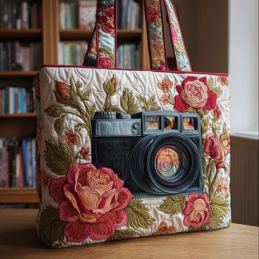 Vintage Camera Roses Quilted Tote