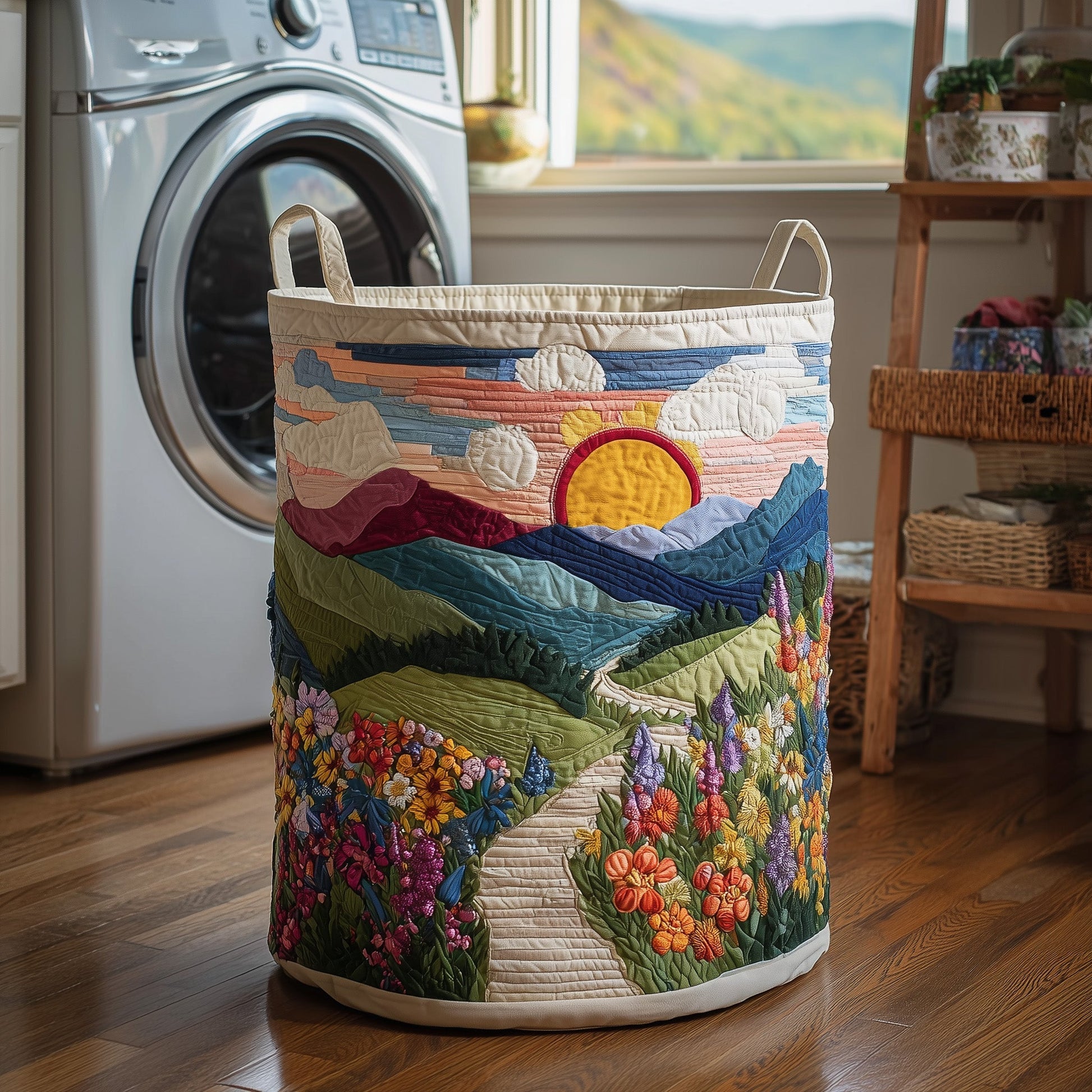 The Flower Field Quilted Laundry Basket Tote 0987