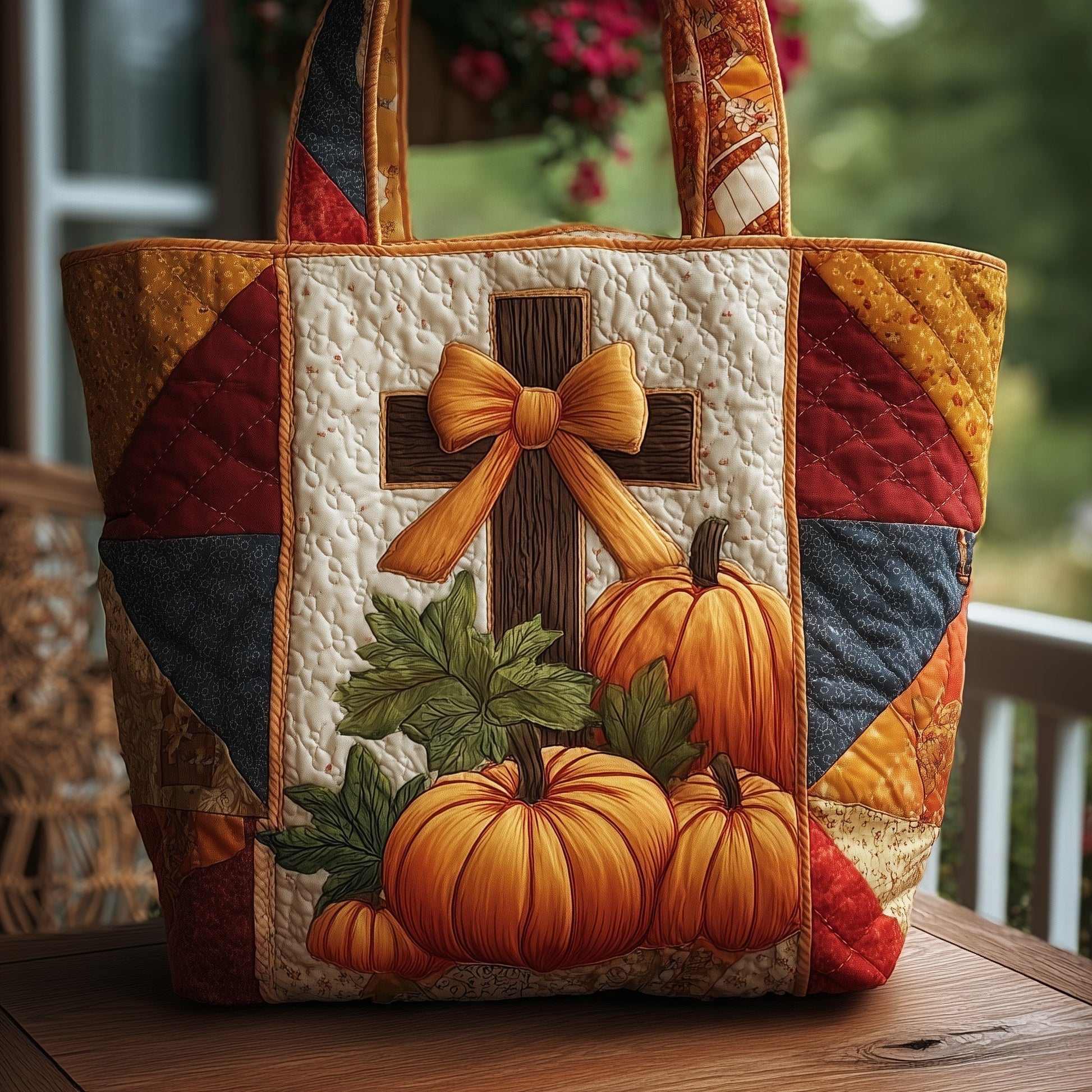 Cross Pumpkin Bow Quilted Tote