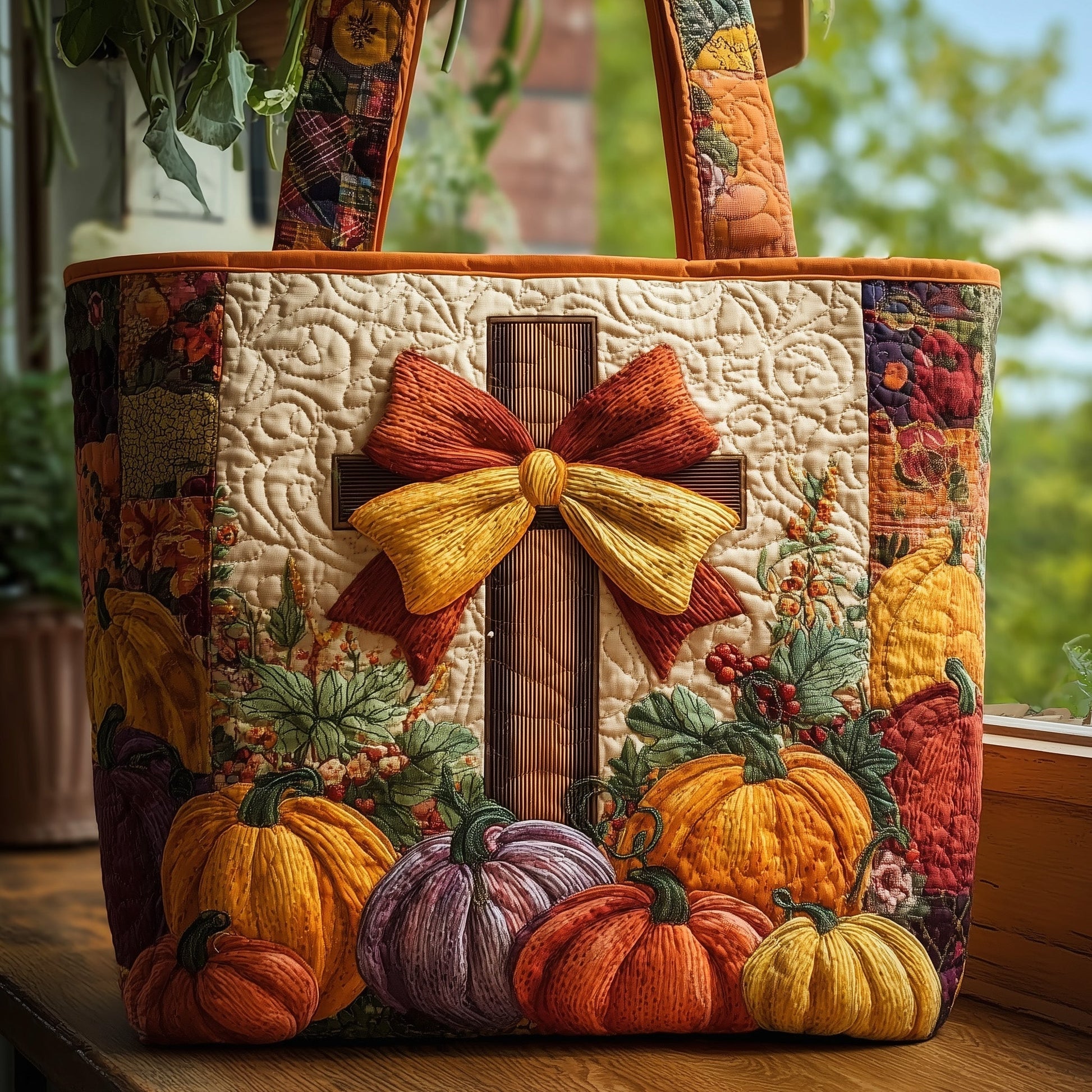 Cross Autumn Pumpkins Quilted Tote