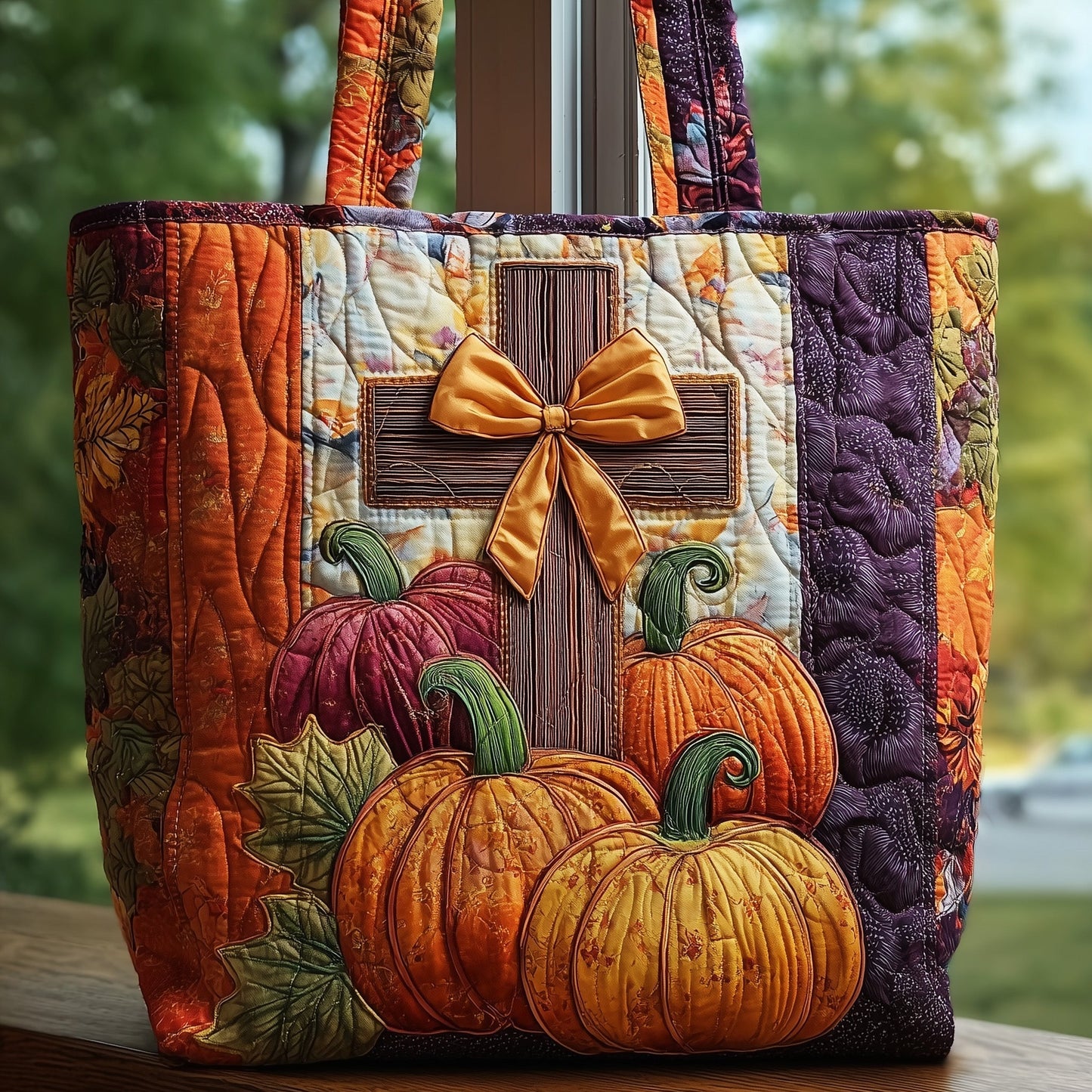 Everyday Cross Pumpkins Quilted Tote