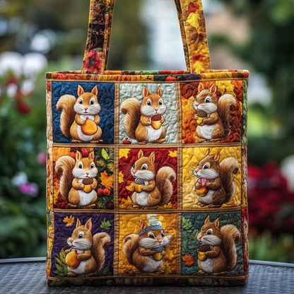 Playful Autumn Squirrels Quilted Tote
