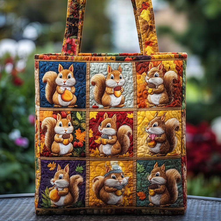 Playful Autumn Squirrels Quilted Tote