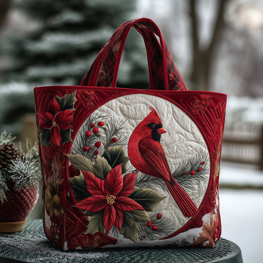 Cardinal Bird Poinsettias Quilted Tote