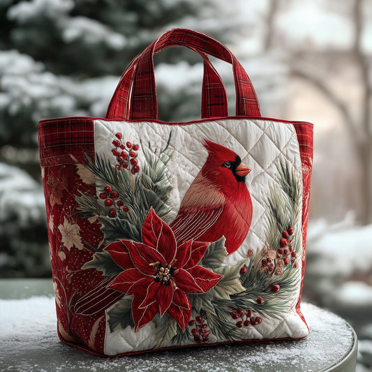 Cardinal Bird Poinsettia Quilted Tote