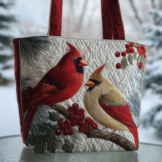 Cardinal Birds Berries Quilted Tote