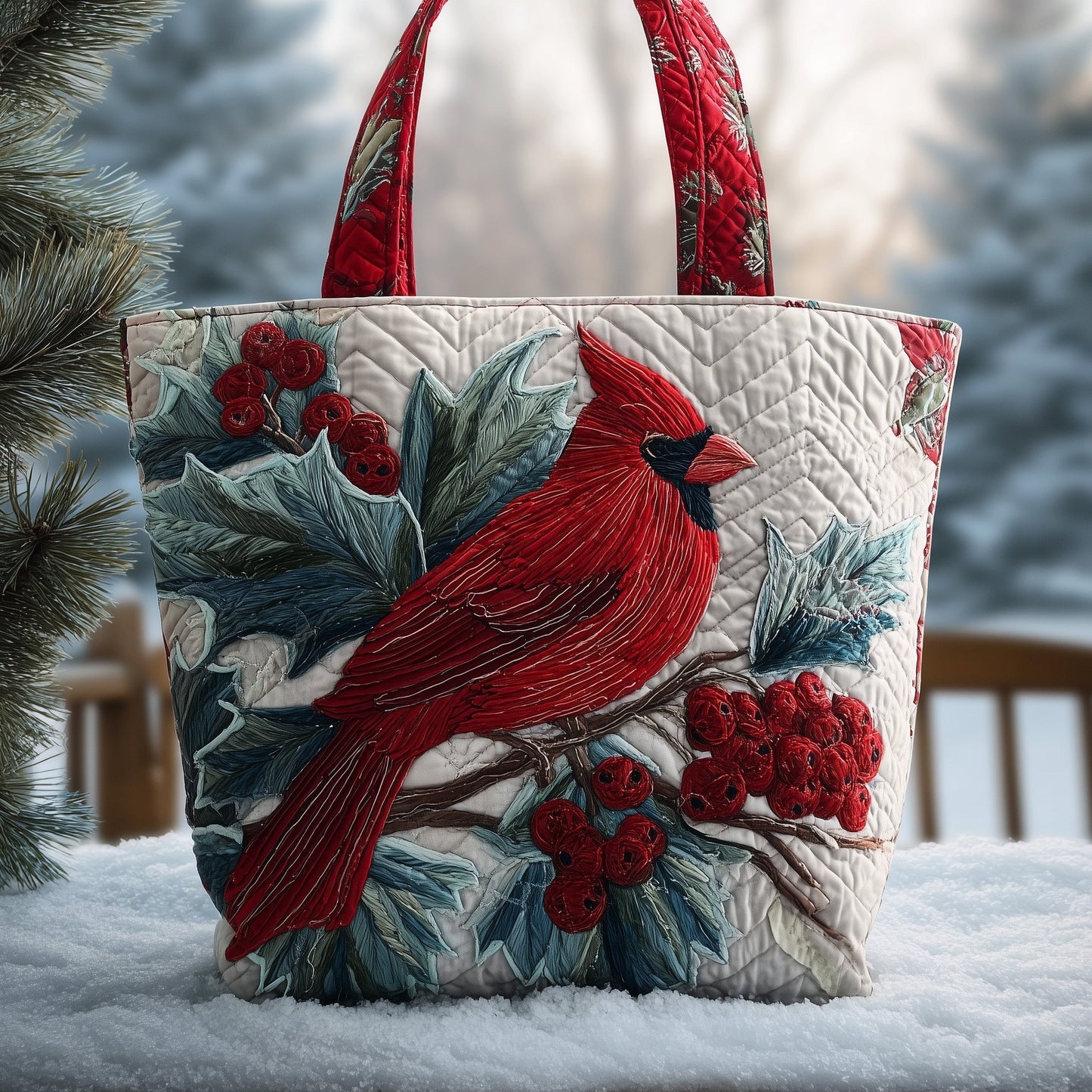 Cardinal Bird Berries Quilted Tote