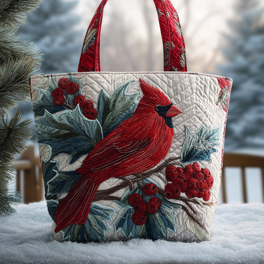 Cardinal Bird Berries Quilted Tote