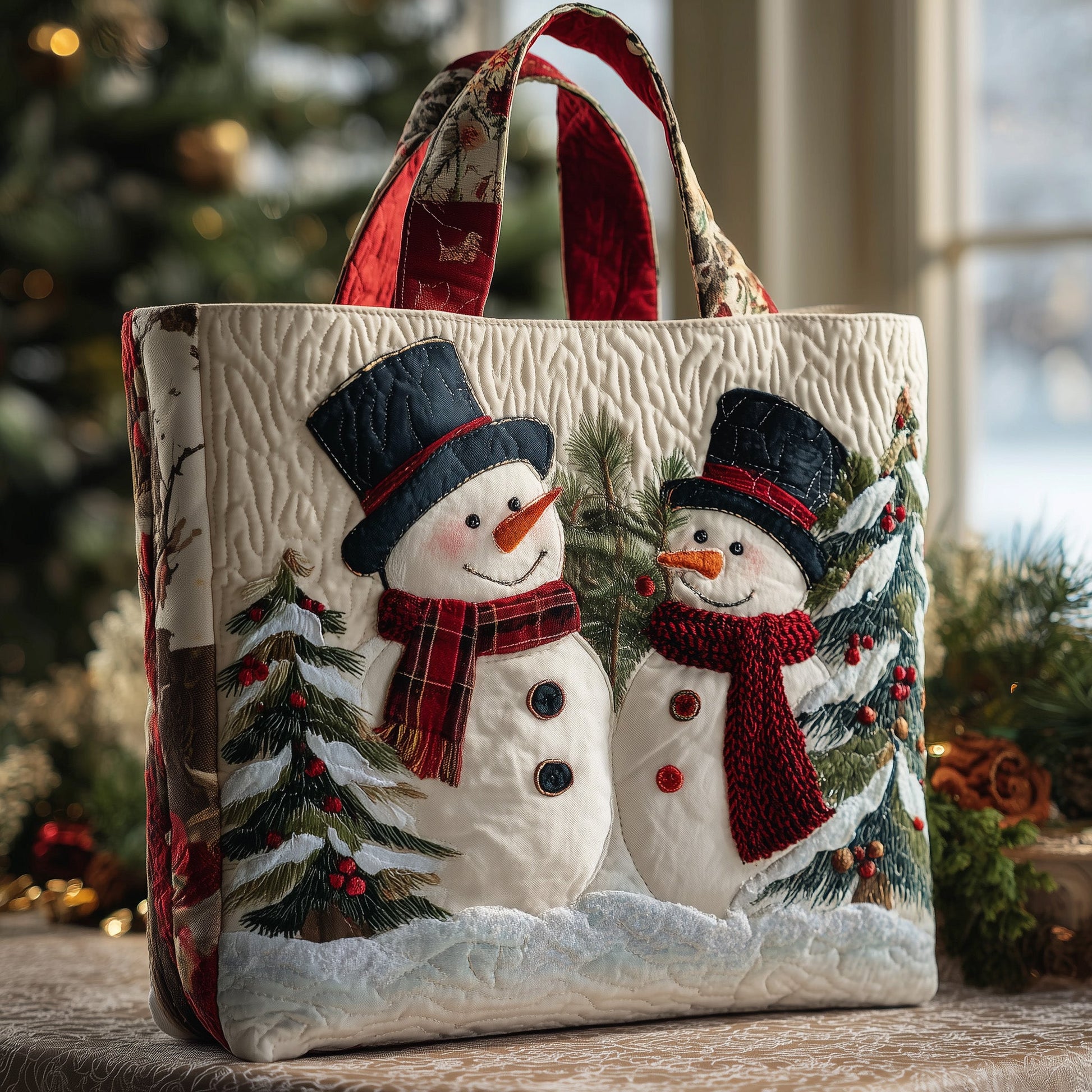 Snowmen Pine Trees Quilted Tote