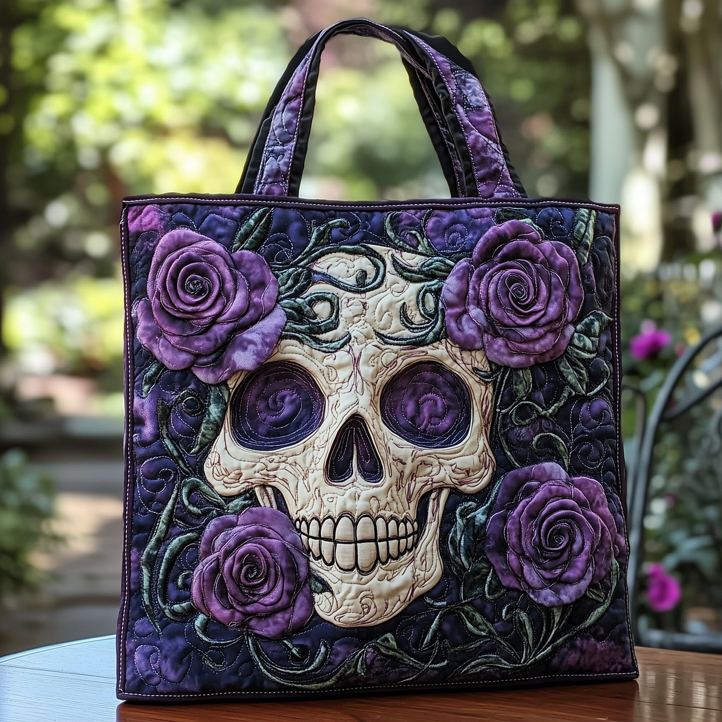 Skull Purple Roses Quilted Tote