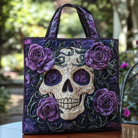 Skull Purple Roses Quilted Tote