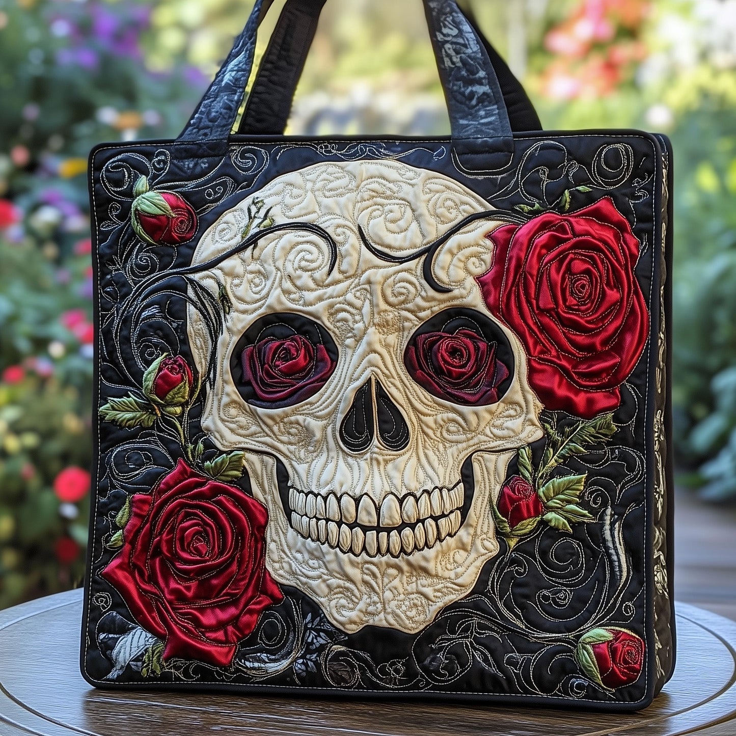 Skull Red Roses Quilted Tote