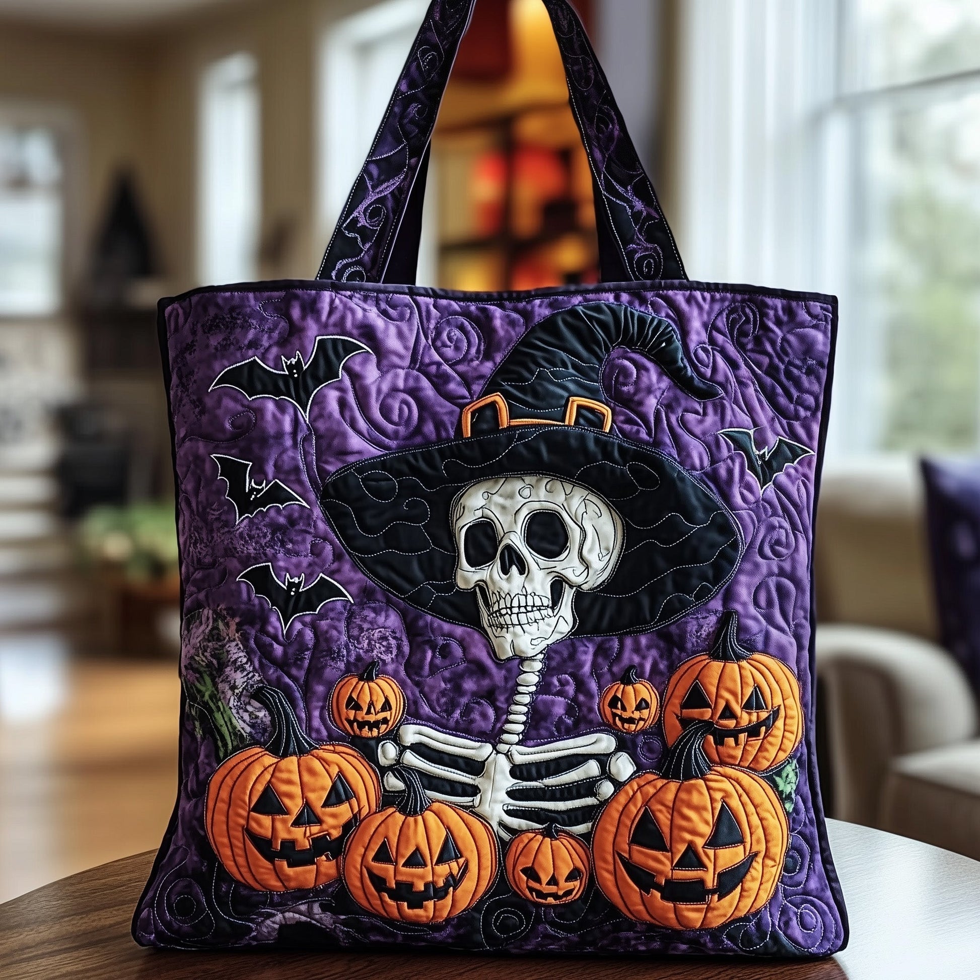 Skeleton Witch Pumpkin Quilted Tote