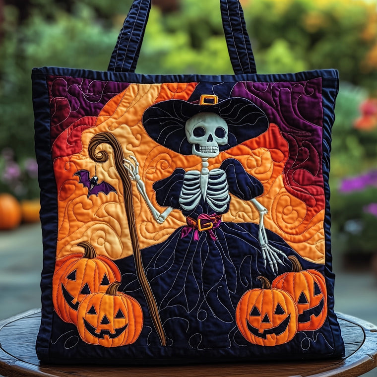 Skeleton Pumpkins Witch Hat Quilted Tote