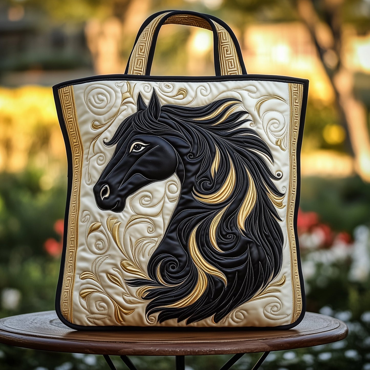 Black Horse Portrait Quilted Tote