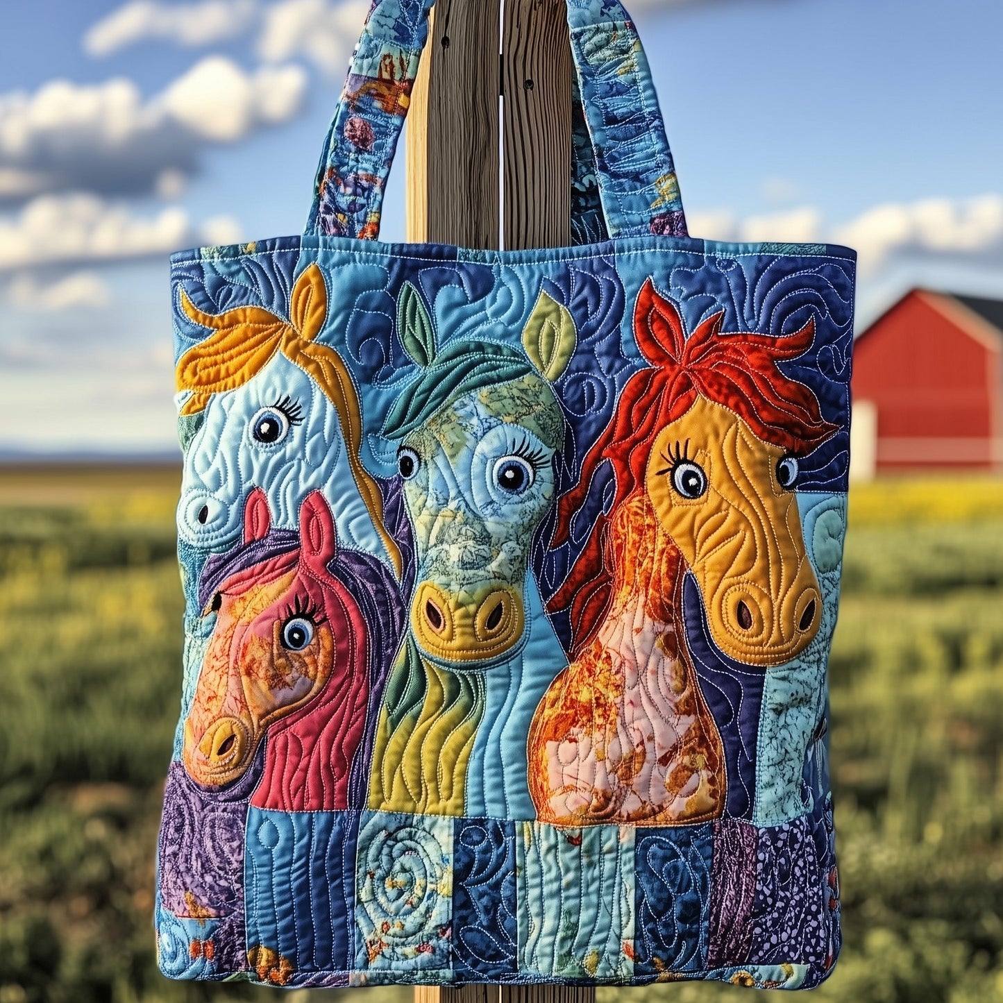 Colorful Farm Animal Faces Quilted Tote