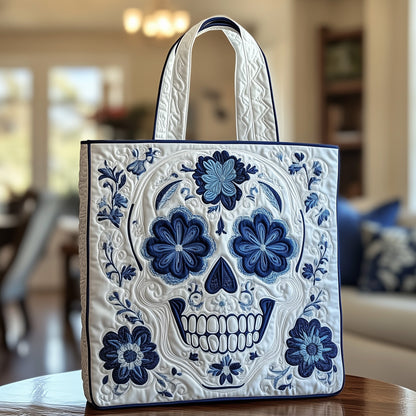 Skull Floral Embroidery Quilted Tote
