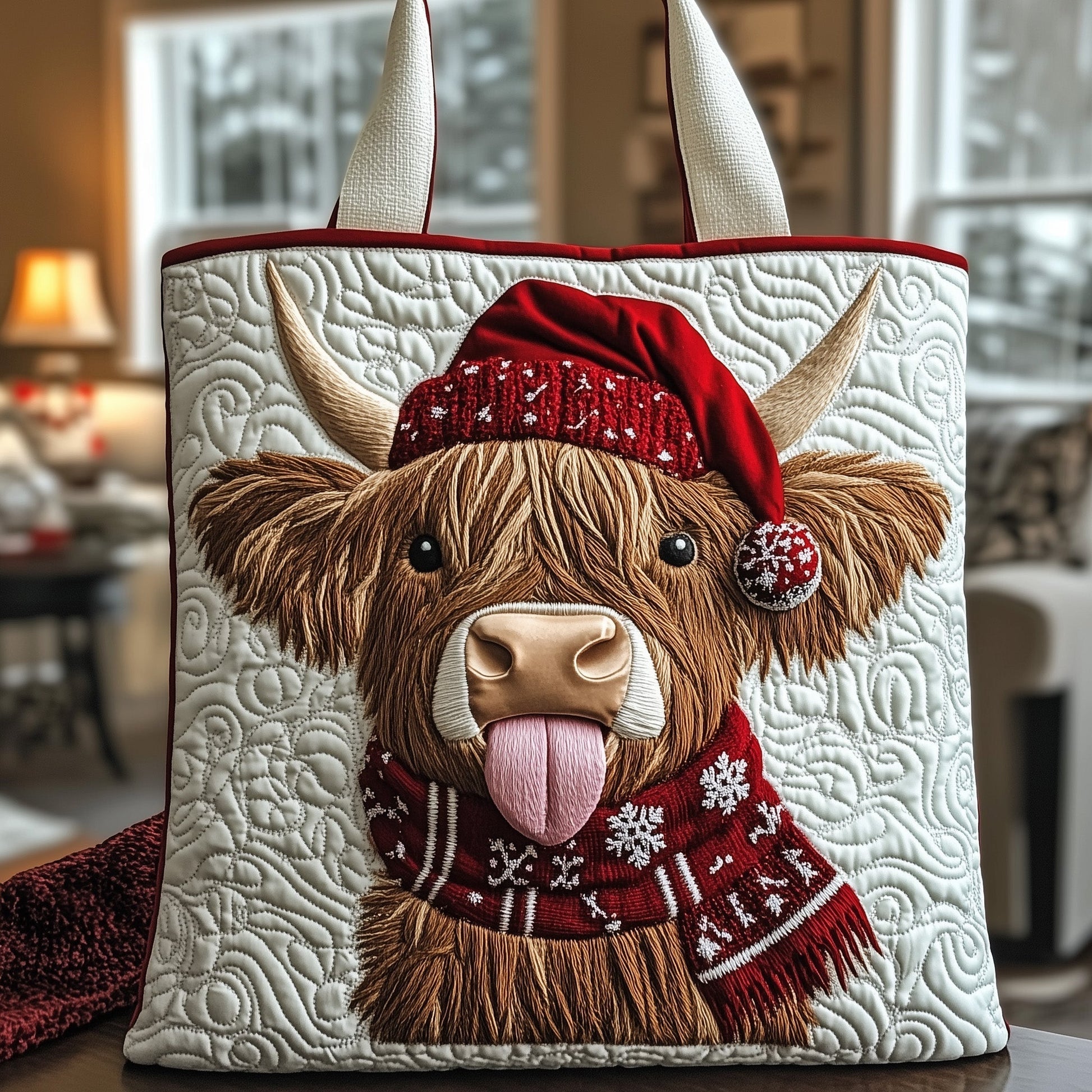 Highland Cow Santa Hat Quilted Tote