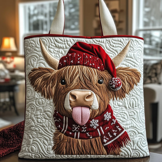 Highland Cow Santa Hat Quilted Tote
