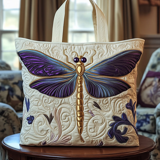 Dragonfly Floral Embroidery Quilted Tote