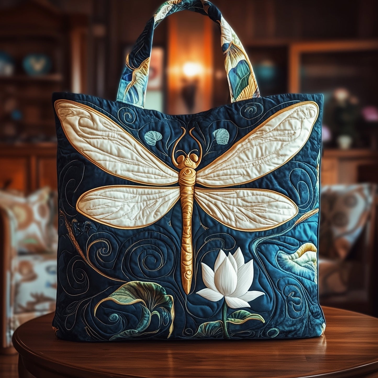 Everyday Dragonfly Lotus Quilted Tote