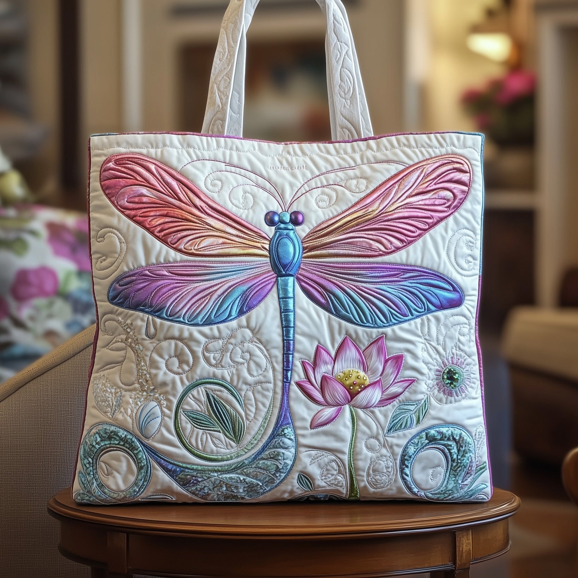 Everyday Dragonfly Flowers Quilted Tote