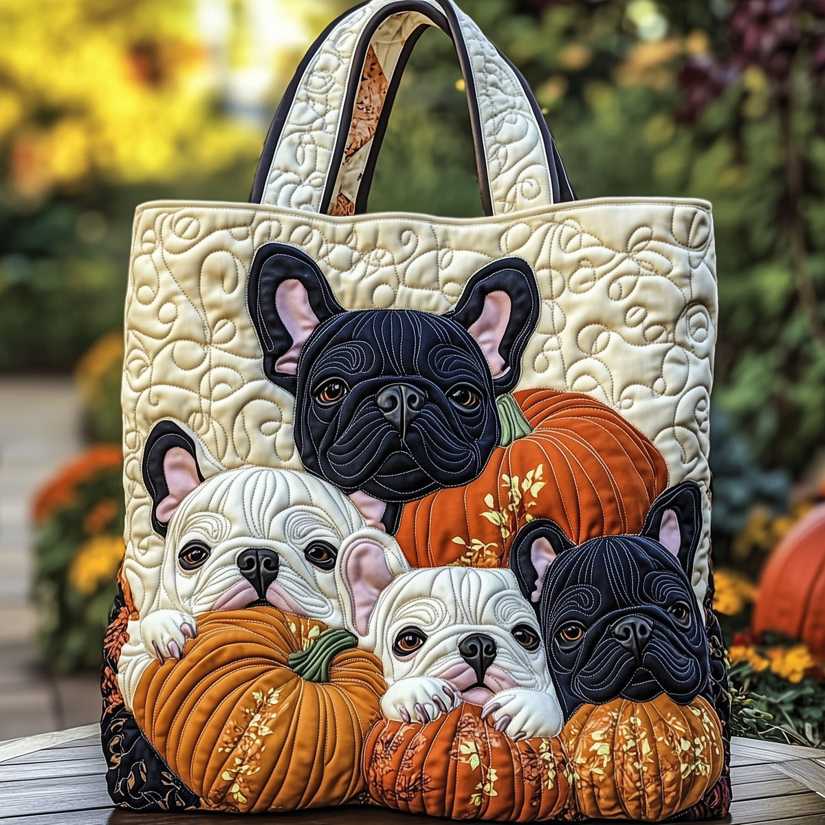 French Bulldogs Pumpkins Quilted Tote