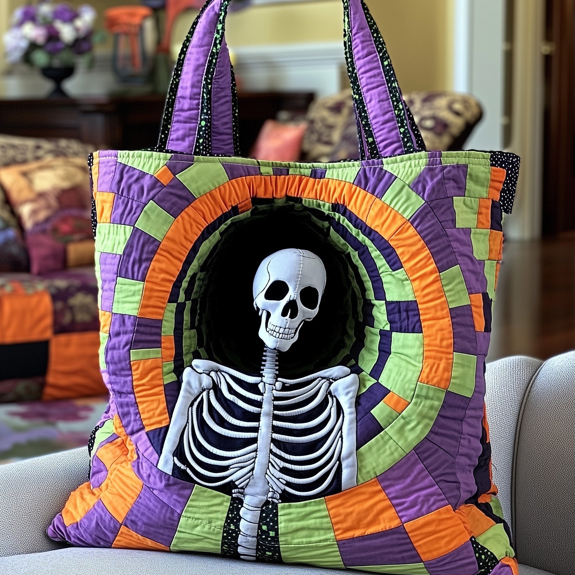 Skeleton Skull Halloween Quilted Tote