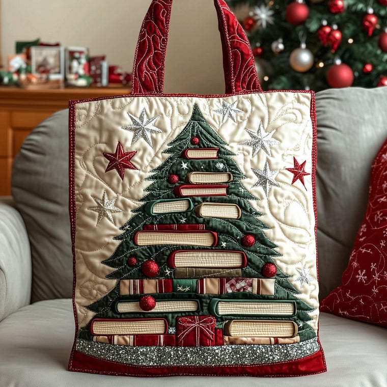 Christmas Tree Books Quilted Tote