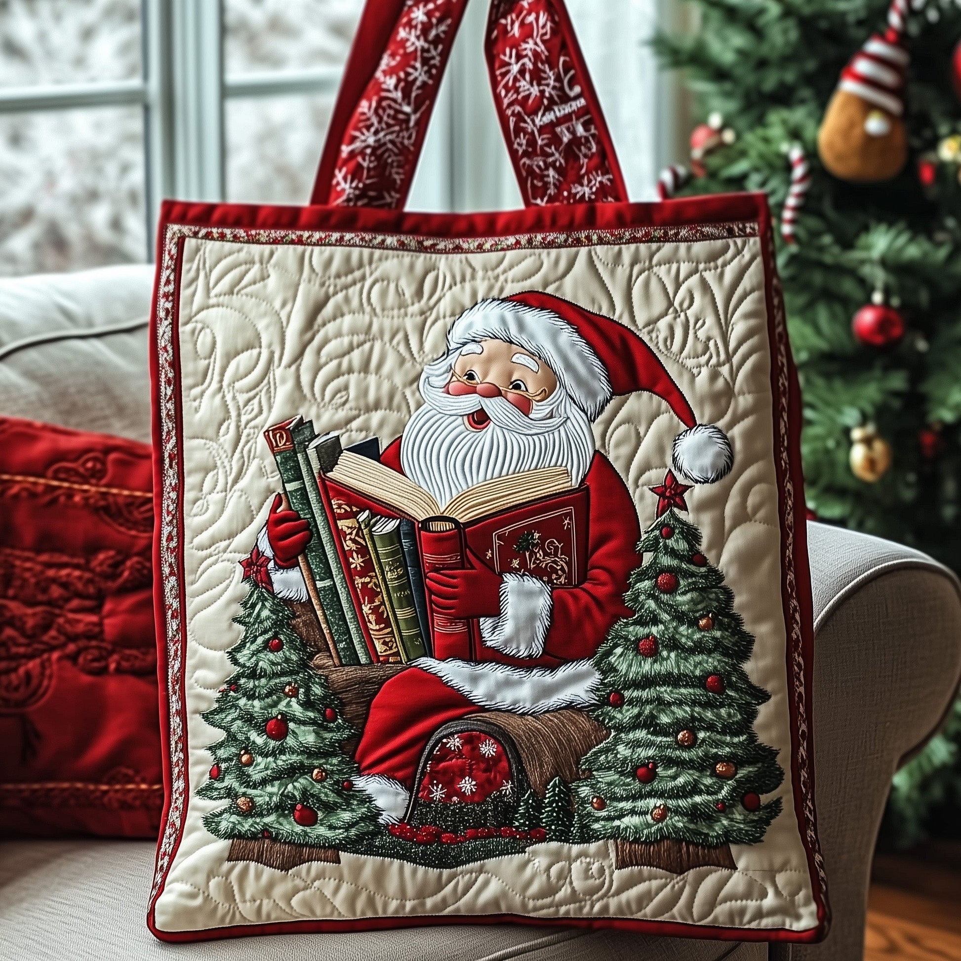 Santa Claus Reading Books Quilted Tote