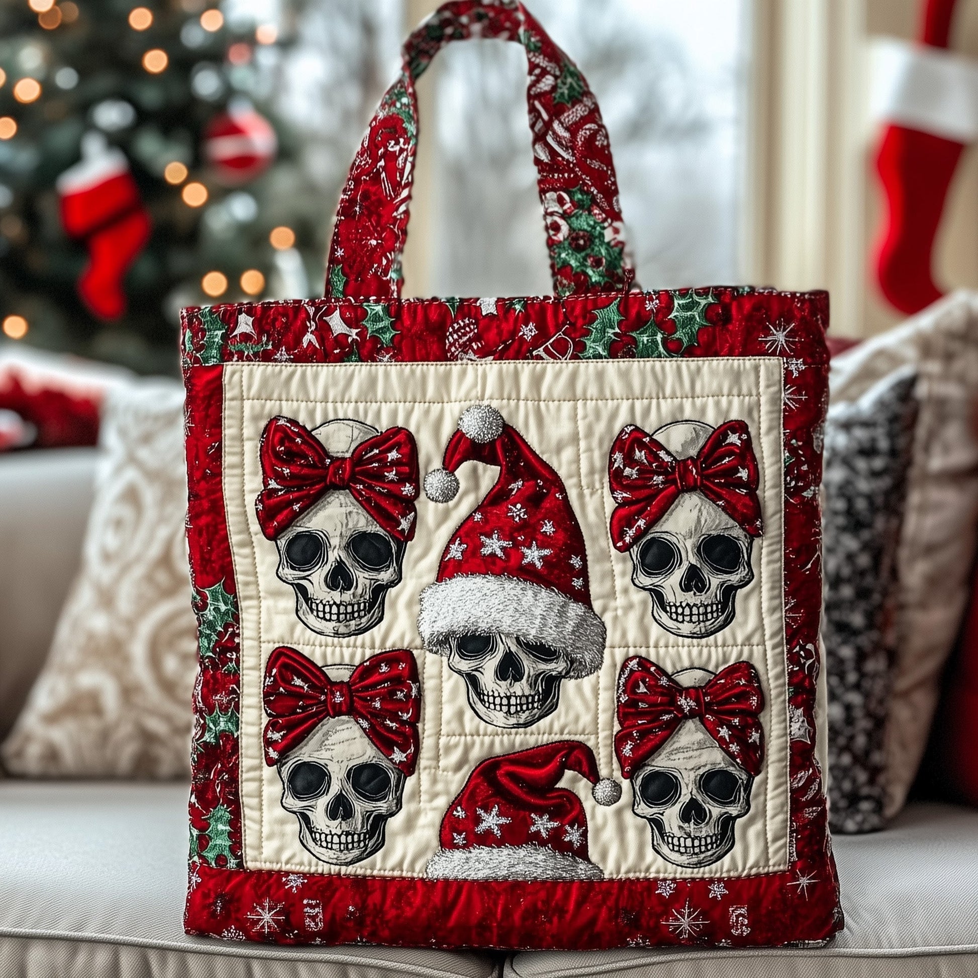 Skulls Christmas Hats Quilted Tote