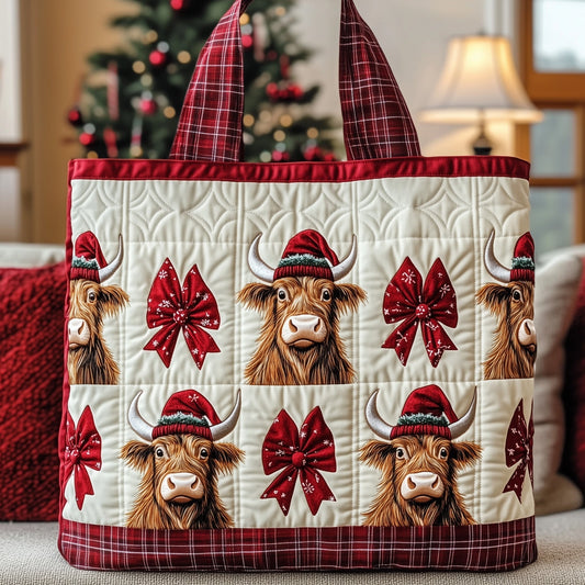 Highland Cow Red Bow Quilted Tote