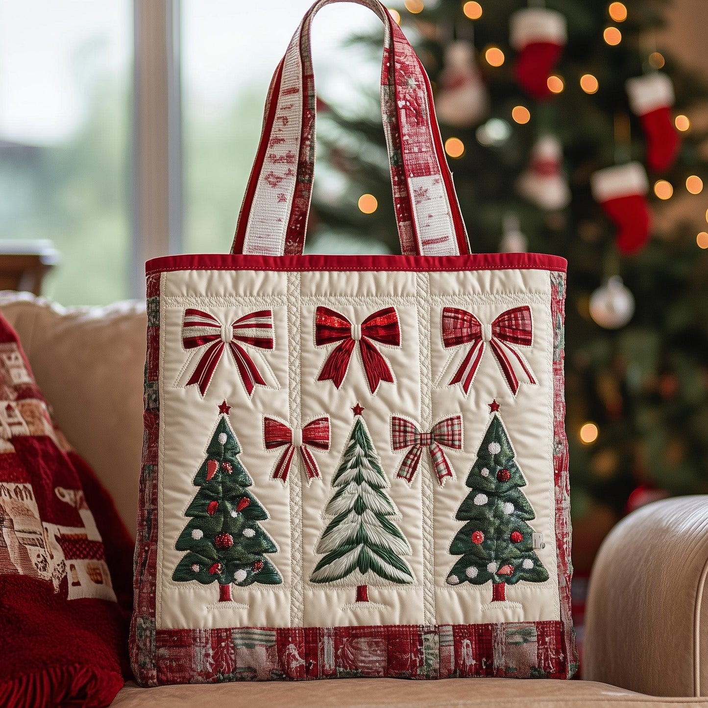Holiday Bow And Tree Quilted Tote