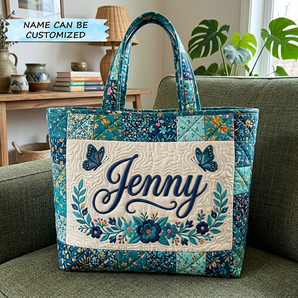 Floral Embroidery Butterflies Quilted Tote