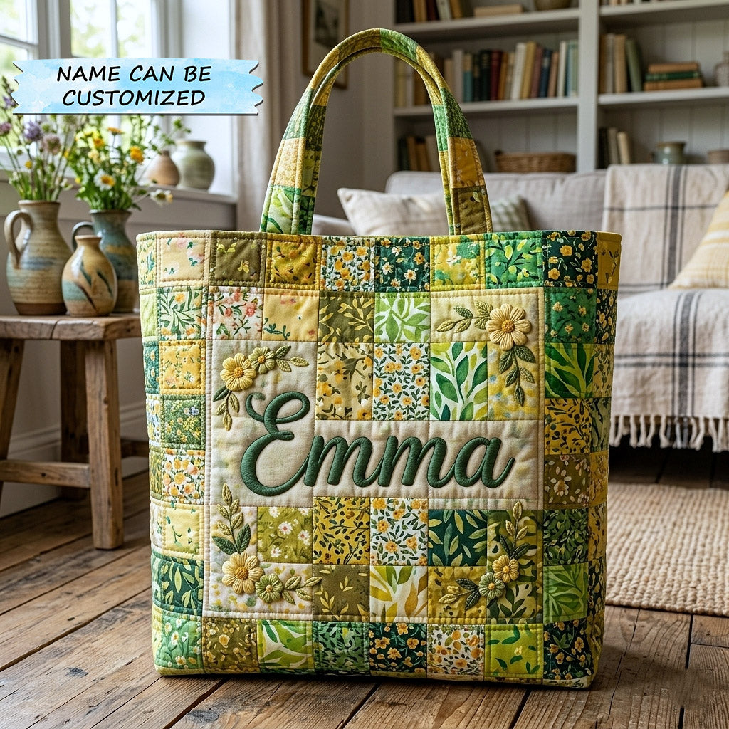 Green Yellow Floral Patchwork Quilted Tote